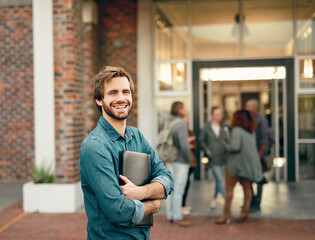 Portrait, student and man with smile, campus and happiness with education, institute and knowledge. Face, academic and person with confidence, learning and pride with achievement, joyful and college