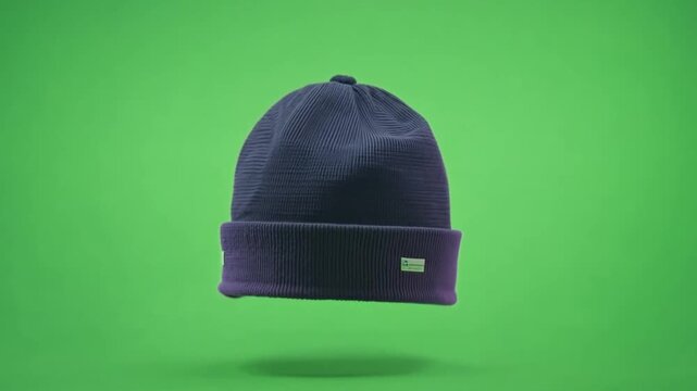 A beanie pops up on green screen, symbolizing warmth and comfort.
