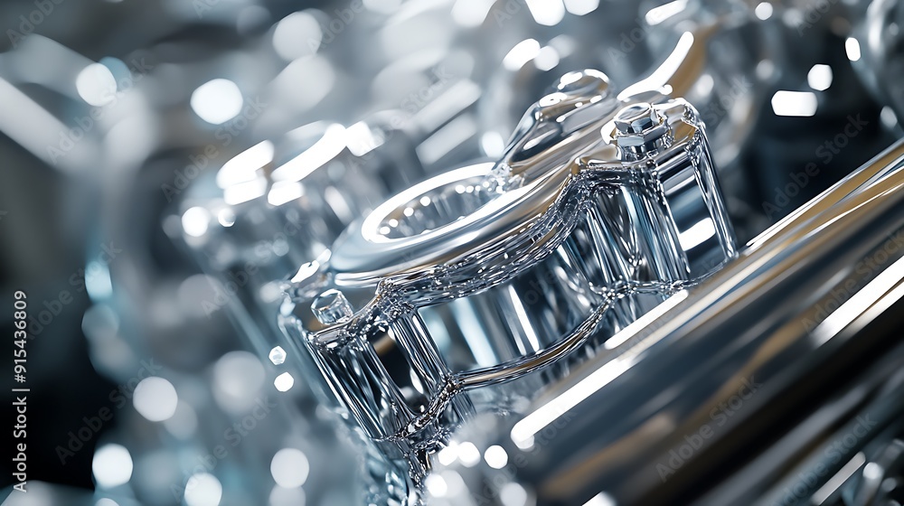 Poster Polished Car Engine Part Close-Up with Gleaming Chrome in Factory Setting