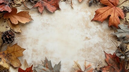 A beautiful flat lay of autumn leaves surrounding a textured background perfect for seasonal designs or nature themes.