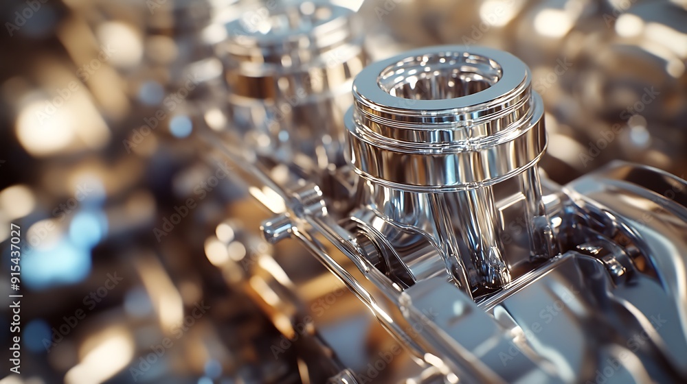 Poster Polished Car Engine Part Close-Up with Gleaming Chrome in Factory Setting