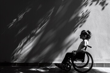 Obraz premium A little girl in a wheelchair against the background of a wall.
