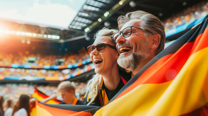 German football fans cheering on stadium. German supporter on soccer pitch watching team play. Happy man and woman with flag and national jersey cheering for Germany. European Championship game
