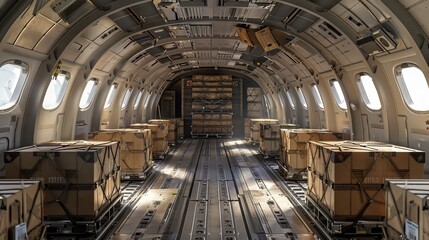 The interior of a large airplane cargo hold with wooden boxes and crates.