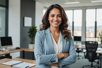 Smiling female latin professional woman with arms crossed standing at office