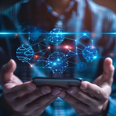 Hands holding a smartphone with a floating digital network above, symbolizing global connectivity, communication, and modern technology.