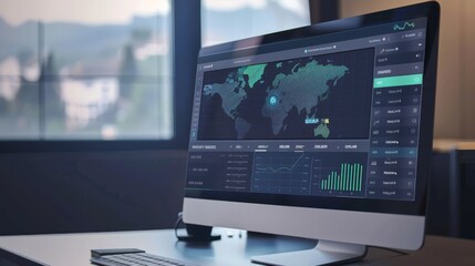 A computer display showing a detailed dashboard with world maps, charts, and graphs, likely related to global data analysis or logistics management.