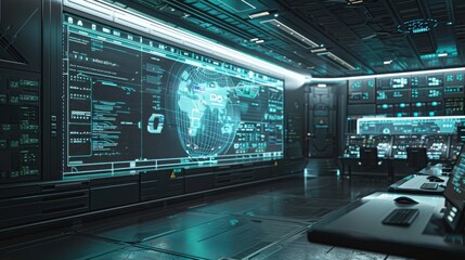 Obraz premium Futuristic command center with multiple screens displaying complex data and a large world map.