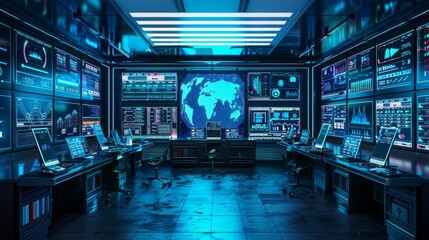 Futuristic control room with multiple computer screens displaying various data and statistics.