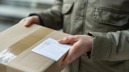 Fototapeta premium The delivery man is holding a cardboard box.