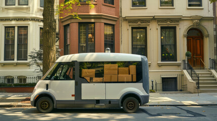 Fototapeta premium Small white autonomous delivery vehicle driving down city street with a tree-lined sidewalk and brownstone buildings.