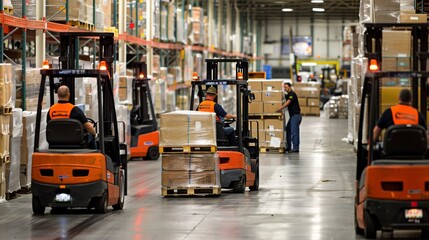 Warehouse workers using forklifts to move palletized goods in a warehouse