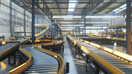 Fototapeta premium Modern automated factory. Conveyor belts with boxes. Production line.
