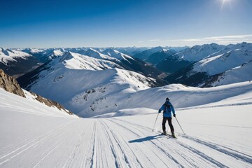 Backcountry skier skiing snow field on wide open mountain