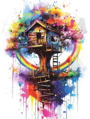 Colorful Treehouse with Rainbow.