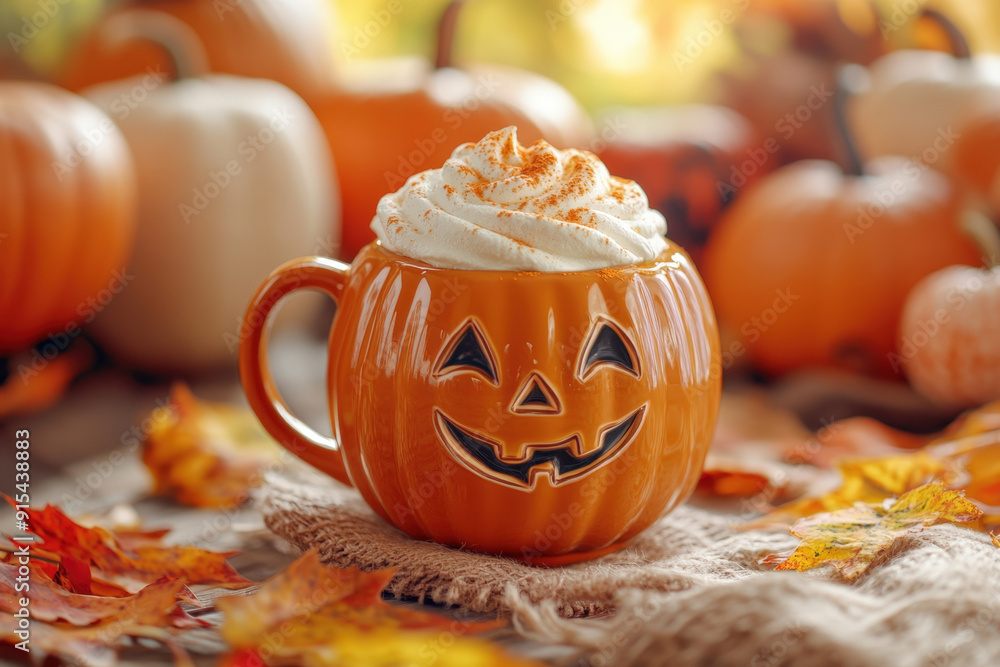 Poster pumpkin spice latte topped with whipped cream and cinnamon standing on a table with colorful autumn 
