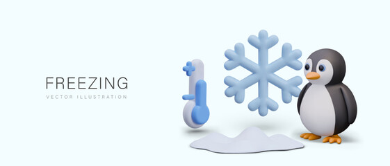 Concept of freezing. Vector penguin, snowflake, blue thermometer, ice
