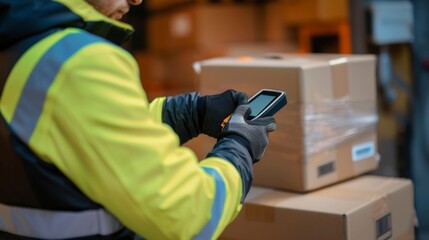 Warehouse worker scanning a box with a handheld scanner.