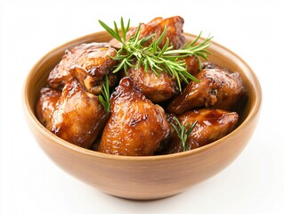 Wooden bowl filled with rosemary-seasoned roasted chicken legs is ready to be enjoyed