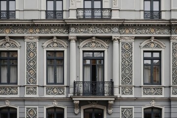 Exterior of residential building with traditional ornaments on facade located near distant person on gray day on town street