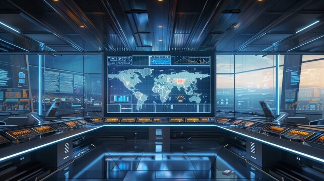 The interior of a futuristic spaceship control room with a large world map on the screen.