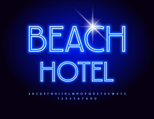 Vector Neon Sign Beach Hotel. Glowing Blue Font. Modern Electric Alphabet Letters and Numbers set