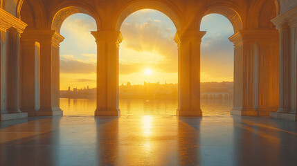 Golden Gate with Sunlight Reflection and Framed Columns, Copy Space for Text.