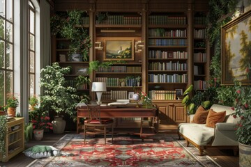 Fototapeta premium A Sunny Study Filled with Plants and Books