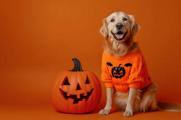 Golden retriever dog is posing for halloween wearing a costume and sitting near a carved pumpkin on an orange background