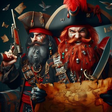 a pirate with red hair carrying a treasure map with a dashing look and a sharp gaze, Generative AI