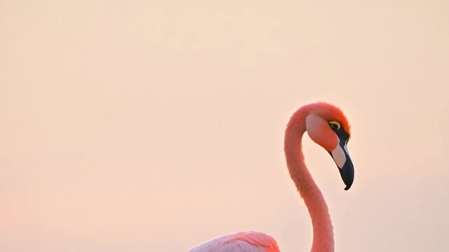 close-up of a flamingo with its long neck and unique feather color footage