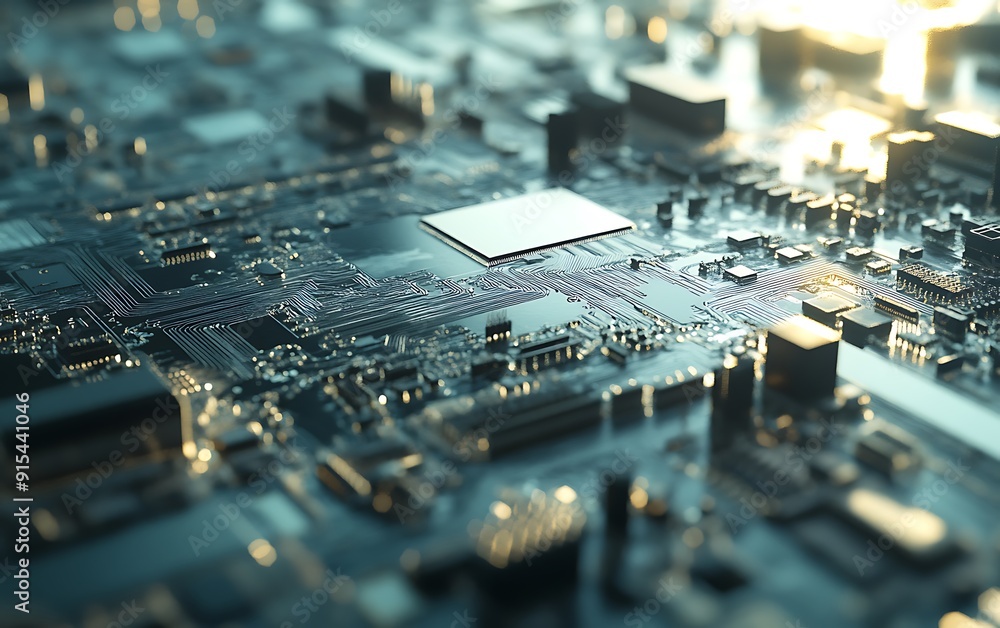 Poster freshly printed circuit boards close-up with clean components and metallic luster