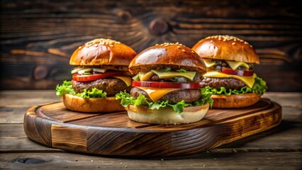 Elevated gourmet burger with unique brioche buns on wooden board plates, gourmet, burger, brioche