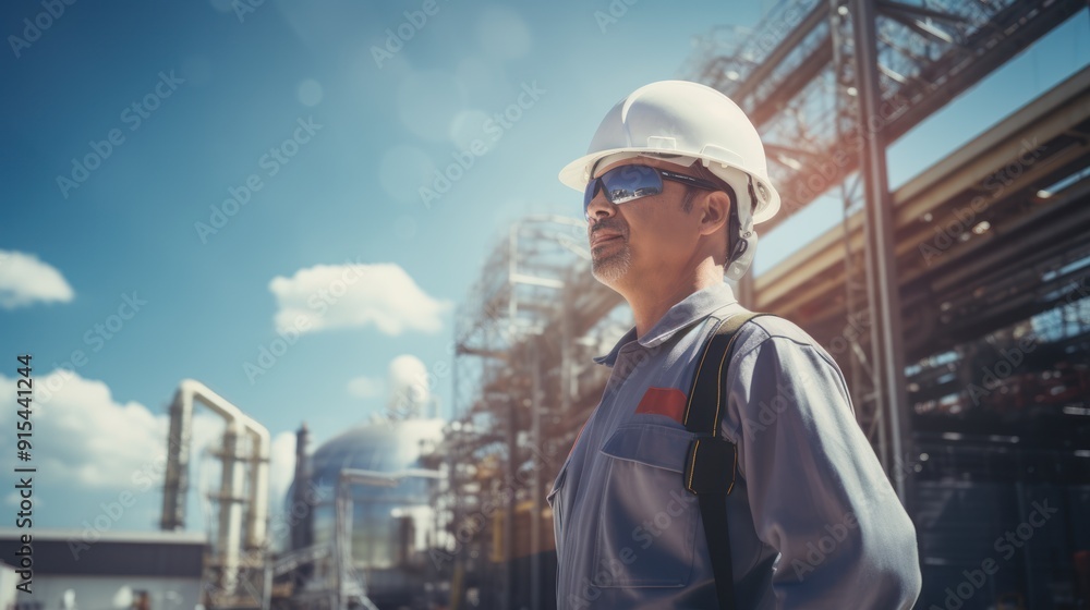 Poster a smiling engineer in a hardhat is inspecting a construction site inside a factory