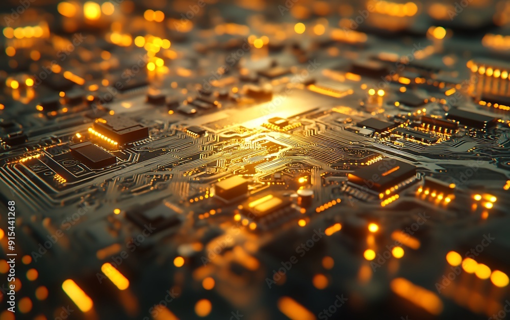 Poster freshly printed circuit boards close-up with clean components and metallic luster