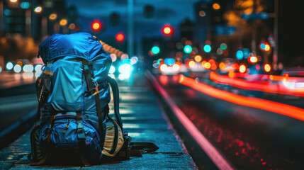 Obraz premium A large backpacker's bag is placed on the side of a busy road at night 