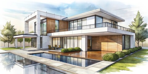 Modern architect villa sketch created using generative AI, modern, architect, villa, sketch,generative, AI, architecture