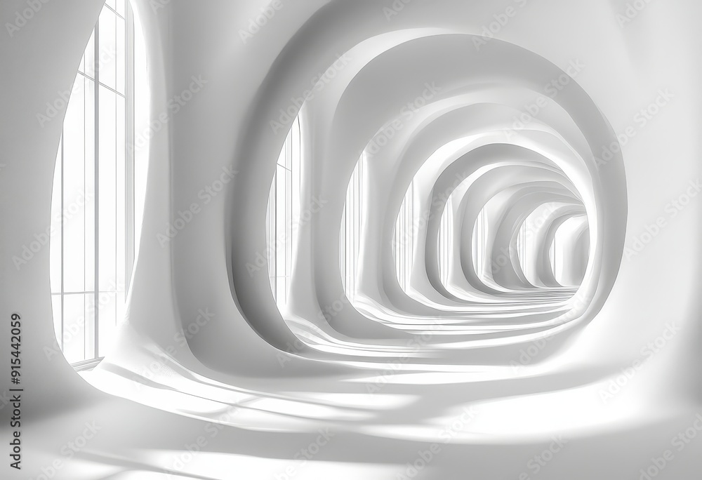 Poster white architectural flow: a mesmerizing journey through light and form with a minimalist white tunne
