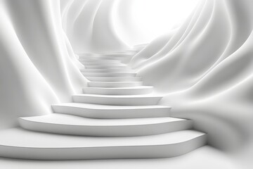 Obraz premium Stairway to the Light: Ascending white steps through ethereal, flowing drapes toward a radiant circular opening, symbolizing hope, possibility, and the unknown. 