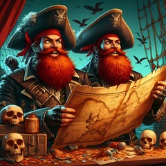 a pirate with red hair carrying a treasure map with a dashing look and a sharp gaze, Generative AI