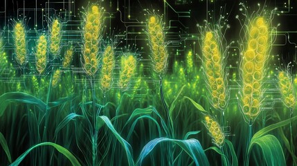 An artistic depiction of neon wheat illuminated by glowing circuitry and digital growth. The tech lines and connected points highlight the advanced nature of futuristic agriculture. The bio-enhanced