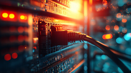 Network Lifeline:  A close-up shot of an ethernet cable plugged into a network switch, glowing with activity in a dimly lit server room. 