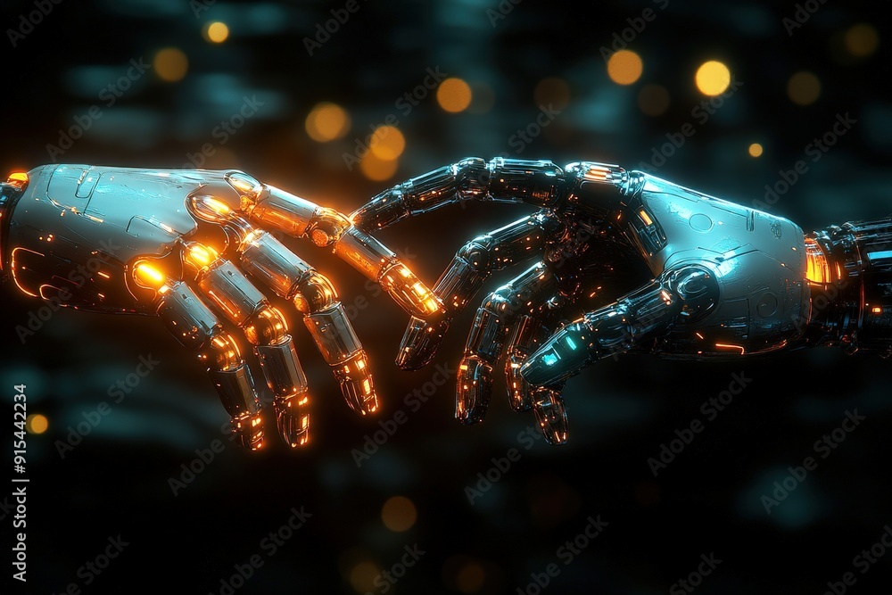Poster technologic genesis: two robotic hands, bathed in ethereal light, reach toward each other in a symbo