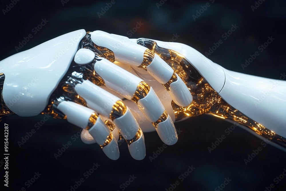 Poster synergy of innovation: a close-up of a human and robot hand connecting, illuminated by a network of 