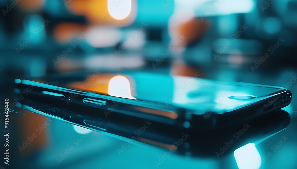 Poster Newly Assembled Smartphone Close-Up with Reflective Screen and Precise Alignment