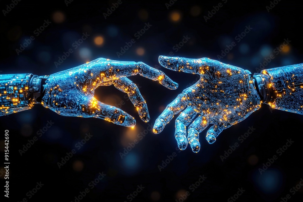 Poster the future of connection: two robotic hands, shimmering with digital energy, reach towards each othe