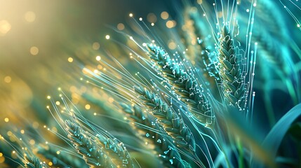 Fototapeta premium An artistic close-up of neon wheat with glowing circuitry and tech lines. The digital growth and connected points highlight the innovative nature of futuristic agriculture. The bio-enhanced grain