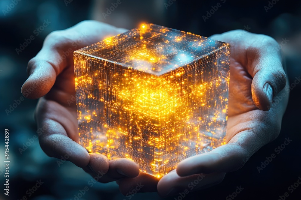 Poster the power of the cube: two hands cupped around a glowing, translucent cube. the cube is filled with 