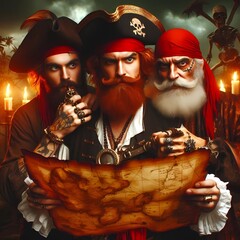 a pirate with red hair carrying a treasure map with a dashing look and a sharp gaze, Generative AI