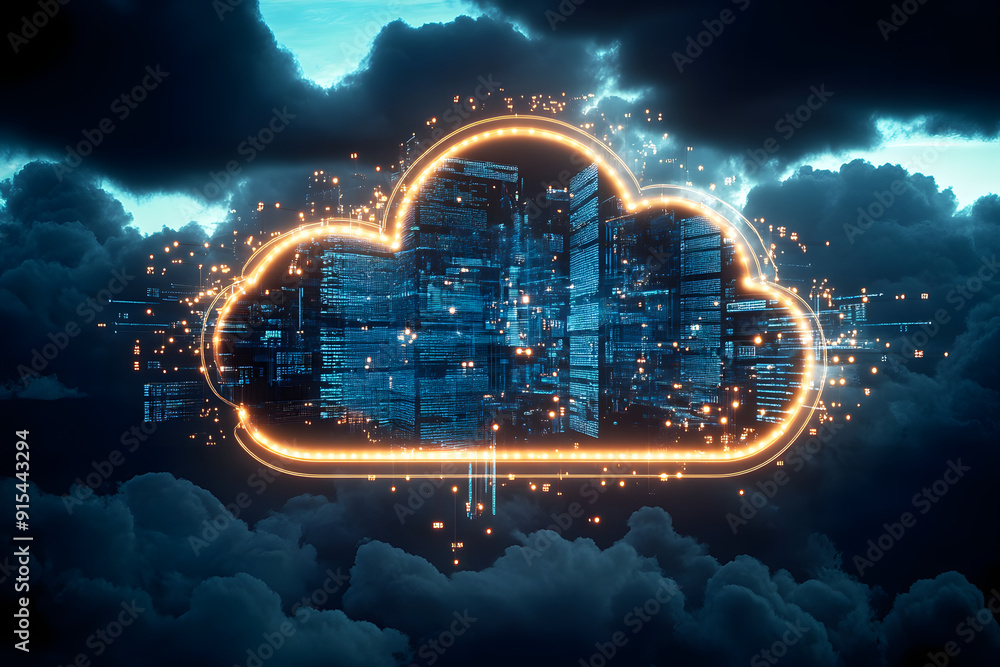 Poster  cloud computing and digital data transfer with computing networked across cities country and globe 